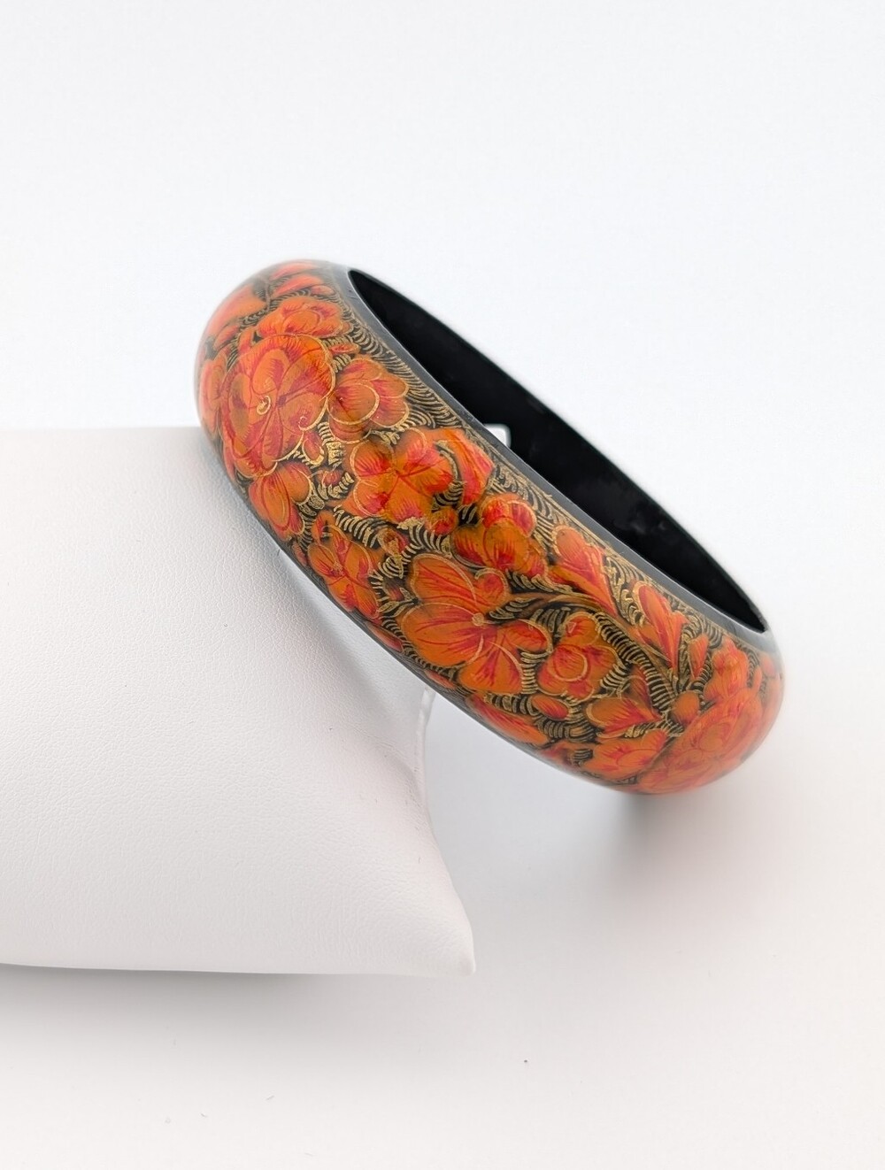 VTG Russian Hand Painted Wood Wide Bangle Bracelet Gold Red Flowers